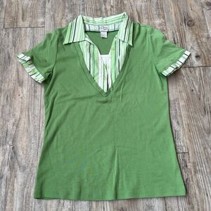 Y2K Top Collar Blouse Layered Green Preppy Schoolgirl Butterfly Stripes Medium